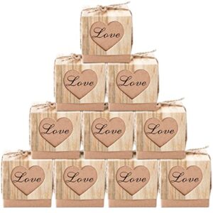 jucoan 150 pack rustic kraft paper candy boxes, 2 x 2 x 2 inch mini cube wedding favor gift boxes with burlap jute twine, love heart party favor gift boxes for wedding baby shower birthday party, valentines day