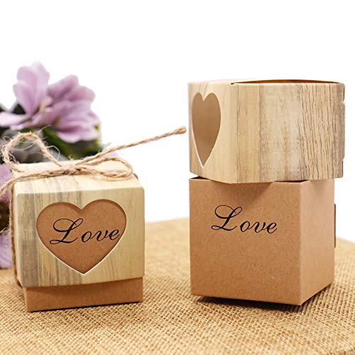 Jucoan 150 Pack Rustic Kraft Paper Candy Boxes, 2 x 2 x 2 Inch Mini Cube Wedding Favor Gift Boxes with Burlap Jute Twine, Love Heart Party Favor Gift Boxes for Wedding Baby Shower Birthday Party, Valentines Day