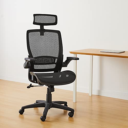 Amazon Basics Ergonomic Adjustable High-Back Mesh Chair with Flip-Up Arms and Headrest, Contoured Mesh Seat - Black