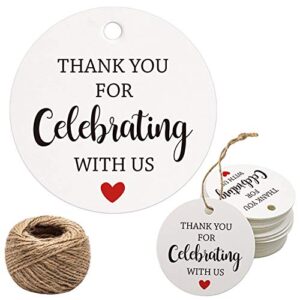 thank you for celebrating with us tags, 100pcs white thank you tags for wedding birthday baby shower party favors, paper gift tags with 100 feet jute string