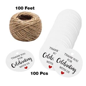 Thank You for Celebrating with Us Tags, 100Pcs White Thank You Tags for Wedding Birthday Baby Shower Party Favors, Paper Gift Tags with 100 Feet Jute String
