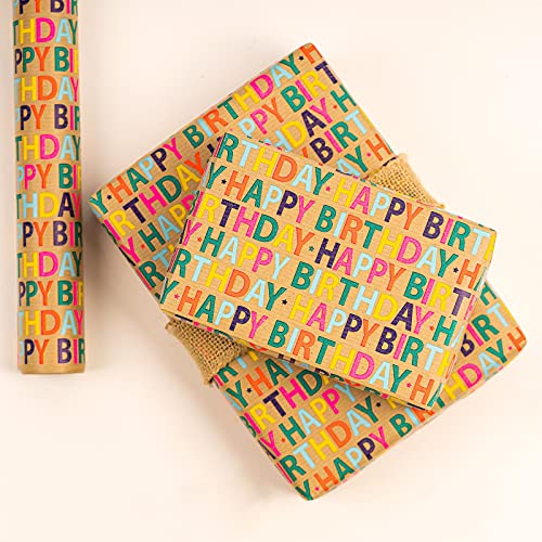RUSPEPA Kraft Wrapping Paper Roll - Colorful Happy Birthday Pattern Great for Birthday, Party, Baby Shower - 17.5 Inches X 32.8 Feet