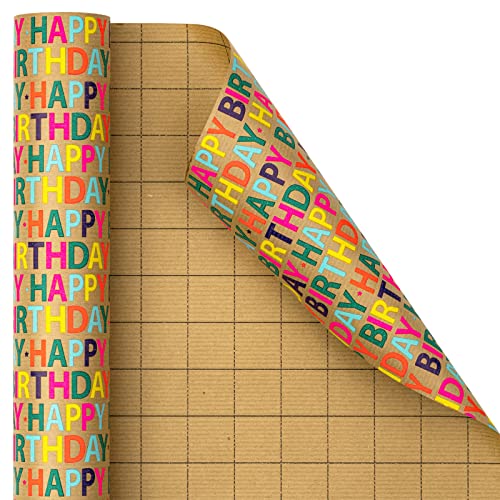 RUSPEPA Kraft Wrapping Paper Roll - Colorful Happy Birthday Pattern Great for Birthday, Party, Baby Shower - 17.5 Inches X 32.8 Feet