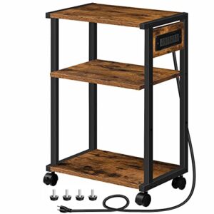 hoobro industrial printer stand with charging station, 3-tier printer table, rolling printer cart with adjustable shelf and hook, rustic brown and black bf28ups01