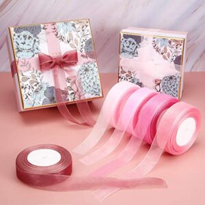 50 Yard Organza Ribbon Sheer Chiffon Stain Ribbons Dusty Rose Fading Ribbon Set for Valentines Christmas Wedding Gift Wrapping Bouquets Craft Birthday Party Decoration (Pink Series)