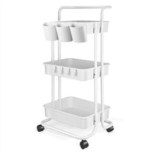 3 tier utility rolling cart – storage cart organizer cart kitchen cart makeup cart 3 shelf baby tray cart with hanging cups trolley handles and wheels use for bathroom kids room bedroom office (white)