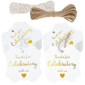 white gold tags,thank you for celebrating with us tag,100 pcs high-end metallic gold tags with jute twine,paper gift tags for wedding favors,baby shower or special event