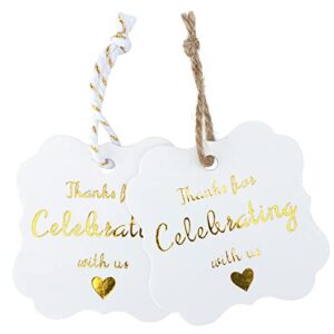 White Gold Tags,Thank You for Celebrating with Us Tag,100 Pcs High-end Metallic Gold Tags with Jute Twine,Paper Gift Tags for Wedding Favors,Baby Shower or Special Event