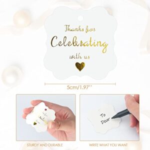 White Gold Tags,Thank You for Celebrating with Us Tag,100 Pcs High-end Metallic Gold Tags with Jute Twine,Paper Gift Tags for Wedding Favors,Baby Shower or Special Event