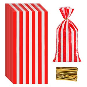 100 Pcs Carnival Treat Bags Circus Carnival Cellophane Candy Bags Red and White Stripe Plastic Goodie Storage Bags Carnival Party Favor Bags with Twist Ties for Circus Carnival Party Favor