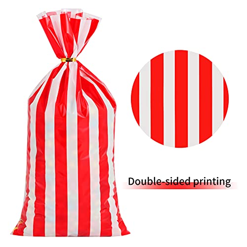 100 Pcs Carnival Treat Bags Circus Carnival Cellophane Candy Bags Red and White Stripe Plastic Goodie Storage Bags Carnival Party Favor Bags with Twist Ties for Circus Carnival Party Favor