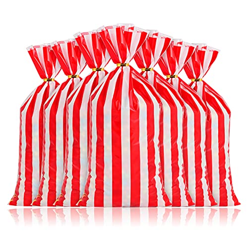 100 Pcs Carnival Treat Bags Circus Carnival Cellophane Candy Bags Red and White Stripe Plastic Goodie Storage Bags Carnival Party Favor Bags with Twist Ties for Circus Carnival Party Favor