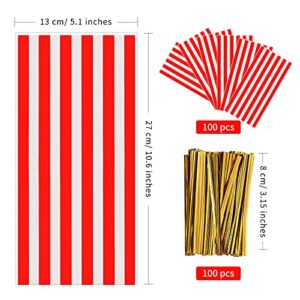 100 Pcs Carnival Treat Bags Circus Carnival Cellophane Candy Bags Red and White Stripe Plastic Goodie Storage Bags Carnival Party Favor Bags with Twist Ties for Circus Carnival Party Favor