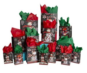 42-pc. chalkboard snowman gift bag set – unique winter christmas design for kids and adults – 14 small, medium, and large bags with 28 red and green tissue papers – best for presents and party favors