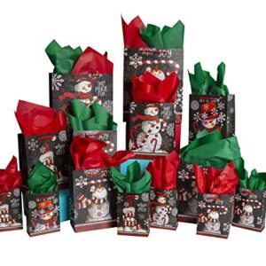 42-Pc. Chalkboard Snowman Gift Bag Set - Unique Winter Christmas Design for Kids and Adults - 14 Small, Medium, and Large Bags with 28 Red and Green Tissue Papers - Best for Presents and Party Favors