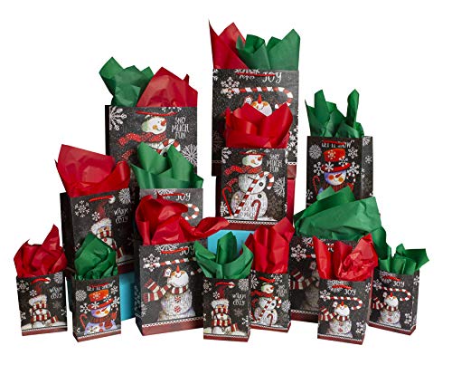 42-Pc. Chalkboard Snowman Gift Bag Set - Unique Winter Christmas Design for Kids and Adults - 14 Small, Medium, and Large Bags with 28 Red and Green Tissue Papers - Best for Presents and Party Favors