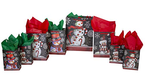 42-Pc. Chalkboard Snowman Gift Bag Set - Unique Winter Christmas Design for Kids and Adults - 14 Small, Medium, and Large Bags with 28 Red and Green Tissue Papers - Best for Presents and Party Favors
