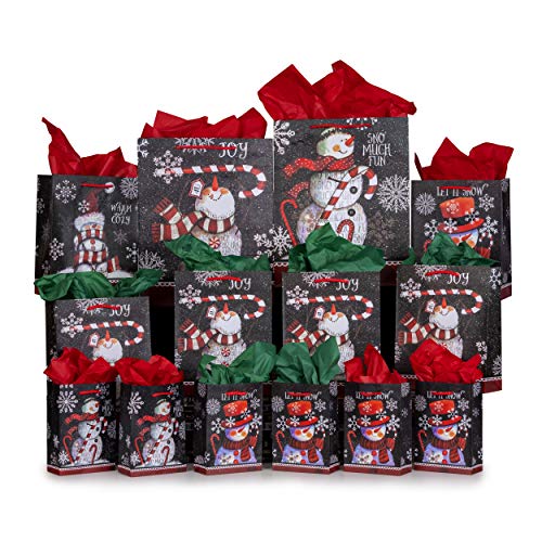 42-Pc. Chalkboard Snowman Gift Bag Set - Unique Winter Christmas Design for Kids and Adults - 14 Small, Medium, and Large Bags with 28 Red and Green Tissue Papers - Best for Presents and Party Favors