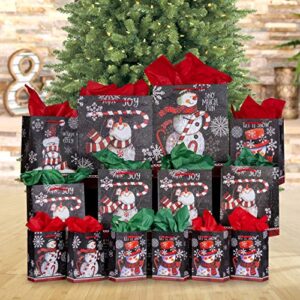 42-Pc. Chalkboard Snowman Gift Bag Set - Unique Winter Christmas Design for Kids and Adults - 14 Small, Medium, and Large Bags with 28 Red and Green Tissue Papers - Best for Presents and Party Favors