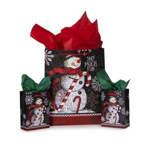 42-Pc. Chalkboard Snowman Gift Bag Set - Unique Winter Christmas Design for Kids and Adults - 14 Small, Medium, and Large Bags with 28 Red and Green Tissue Papers - Best for Presents and Party Favors