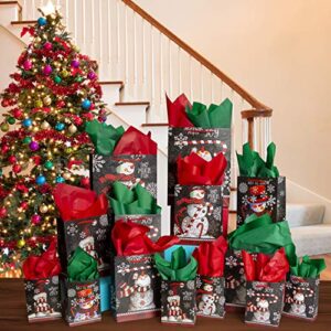 42-Pc. Chalkboard Snowman Gift Bag Set - Unique Winter Christmas Design for Kids and Adults - 14 Small, Medium, and Large Bags with 28 Red and Green Tissue Papers - Best for Presents and Party Favors