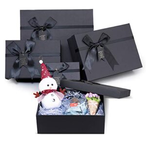 frantis black nested gift boxes with lids, assorted sizes (set of 4 with ribbon bows and label) black gift boxes for present, luxury gift boxes for anniversaries, birthdays, weddings,valentines, graduation, etc.