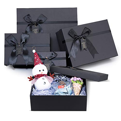 Frantis Black Nested Gift Boxes With Lids, Assorted Sizes (Set of 4 With Ribbon Bows and Label) Black Gift Boxes for Present, Luxury Gift Boxes for Anniversaries, Birthdays, Weddings,Valentines, Graduation, Etc.