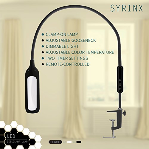 LED Desk Lamp/Clamp LED Lamp/Remote Control & Touch/Adjustable Flexible Gooseneck/Modern Stylish Multiple Setting Brightness and Color Bright Bulb/by Syrinx (Black)