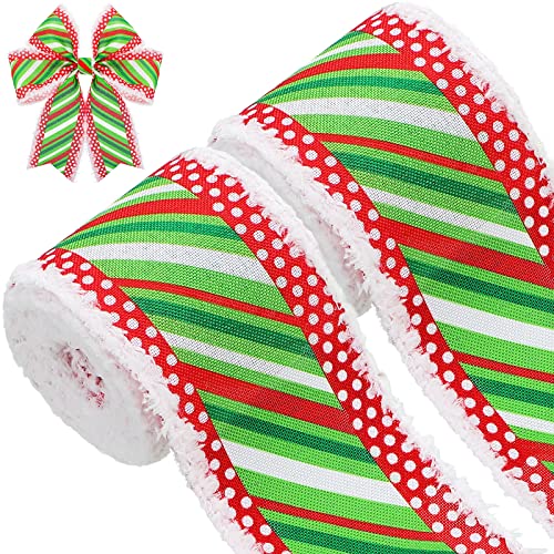 2.5 Inch 12 Yards Christmas Wired Ribbon Red Green White Stripes Xmas Ribbon for Tree Polyester Snowdrift Wired Edge Ribbon for Gift Wrapping DIY Christmas Tree Bows Wreaths Craft Decoration