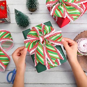 2.5 Inch 12 Yards Christmas Wired Ribbon Red Green White Stripes Xmas Ribbon for Tree Polyester Snowdrift Wired Edge Ribbon for Gift Wrapping DIY Christmas Tree Bows Wreaths Craft Decoration