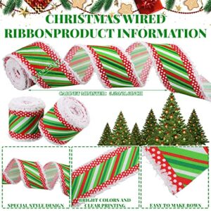 2.5 Inch 12 Yards Christmas Wired Ribbon Red Green White Stripes Xmas Ribbon for Tree Polyester Snowdrift Wired Edge Ribbon for Gift Wrapping DIY Christmas Tree Bows Wreaths Craft Decoration