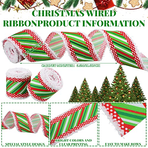 2.5 Inch 12 Yards Christmas Wired Ribbon Red Green White Stripes Xmas Ribbon for Tree Polyester Snowdrift Wired Edge Ribbon for Gift Wrapping DIY Christmas Tree Bows Wreaths Craft Decoration