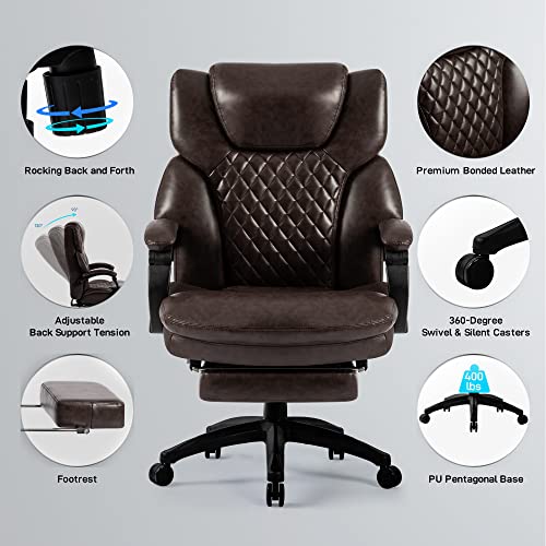 COLERLINE High Back Big & Tall 400lb Office Chair with Footrest - Heavy Duty Base, Adjustable Tilt Angle Large Bonded Leather Ergonomic Executive Desk Computer Swivel Chair