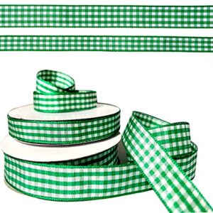 zqysing green gingham ribbons – green white plaid ribbon 3/8″ and 5/8″ x 50 yards checkered fabric ribbon for hair accessories st. patrick’s day gift craft decorations