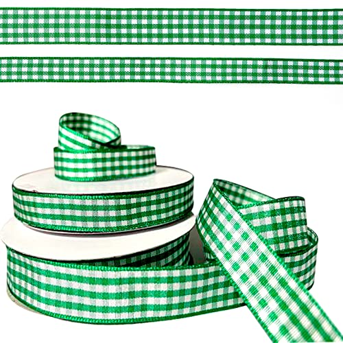 ZQYSING Green Gingham Ribbons - Green White Plaid Ribbon 3/8" and 5/8" x 50 Yards Checkered Fabric Ribbon for Hair Accessories St. Patrick's Day Gift Craft Decorations