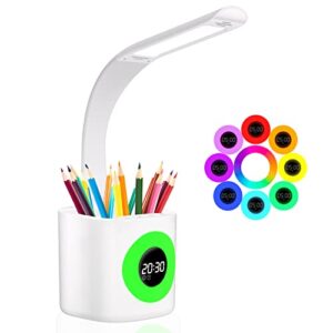 youkoyi led desk lamp, desk lamps for home office, 10w dimmable study desk light with pen holder&colorful night light&clock, kids desk lamp- 4 lighting modes&5 brightness level, eye-care reading lamp