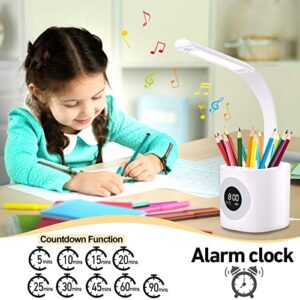 YOUKOYI LED Desk Lamp, Desk Lamps for Home Office, 10W Dimmable Study Desk Light with Pen Holder&Colorful Night Light&Clock, Kids Desk Lamp- 4 Lighting Modes&5 Brightness Level, Eye-Care Reading lamp