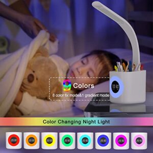 YOUKOYI LED Desk Lamp, Desk Lamps for Home Office, 10W Dimmable Study Desk Light with Pen Holder&Colorful Night Light&Clock, Kids Desk Lamp- 4 Lighting Modes&5 Brightness Level, Eye-Care Reading lamp