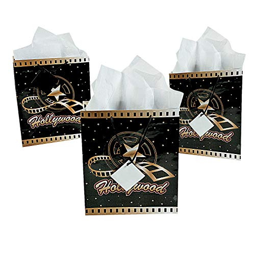 Medium Hollywood Gift Bags with Tags - Set of 12 - Movie Night and Awards Party Supplies