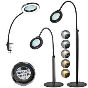 veemagni 5x stand magnifying glass with light, 24″ flexible gooseneck 5 color modes stepless dimmable magnifying floor lamp, 3-in-1 adjustable lighted magnifier hands free for close work, esthetican