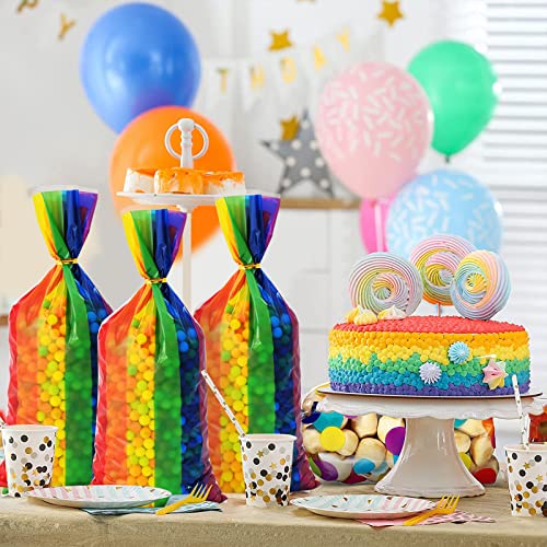 Lecpeting 100 Pcs Rainbow Treat Bags Rainbow Stripes Print Cellophane Candy Bags Plastic Goodie Storage Bags Birthday Party Favor Bags with Twist Ties for Baby Shower Birthday Party Supplies