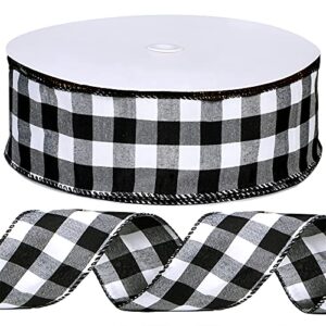 winlyn 50 yards black and white buffalo check plaid wired ribbon gingham ribbon 2.5″ wide for christmas tree wreath bows festive farmhouse decoration gift wrapping crafts floral arrangement