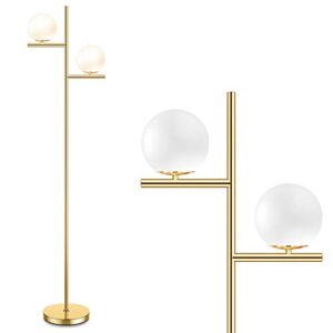 mid century floor lamp – 2 globe modern standing lamp with foot pedal, frosted glass stand up lights for living room, bedroom, office, contemporary led antique brass|gold tall pole light indoor