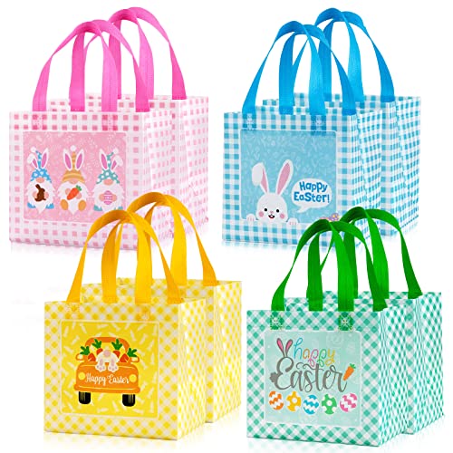 Whaline Easter Reusable Gift Bag Buffalo Plaids Tote Bags with Handles Non-Woven Bags Grocery Shopping Bag Easter Bunny Egg Gnome Party Treat Bag Goodie Bag for Egg Hunt Game, 8 Pack