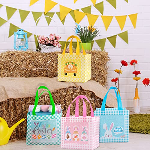 Whaline Easter Reusable Gift Bag Buffalo Plaids Tote Bags with Handles Non-Woven Bags Grocery Shopping Bag Easter Bunny Egg Gnome Party Treat Bag Goodie Bag for Egg Hunt Game, 8 Pack