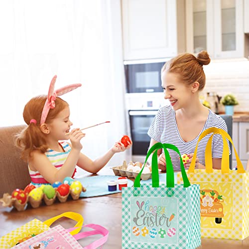 Whaline Easter Reusable Gift Bag Buffalo Plaids Tote Bags with Handles Non-Woven Bags Grocery Shopping Bag Easter Bunny Egg Gnome Party Treat Bag Goodie Bag for Egg Hunt Game, 8 Pack