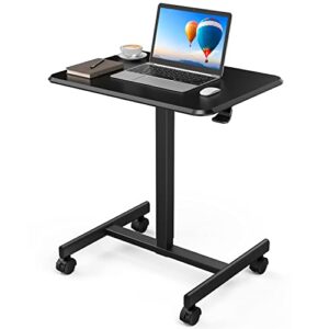 smug mobile rolling laptop cart pneumatic adjustable height from 28″ to 33″ sit stand computer desk with lockable wheels for home office, black, 25.7in