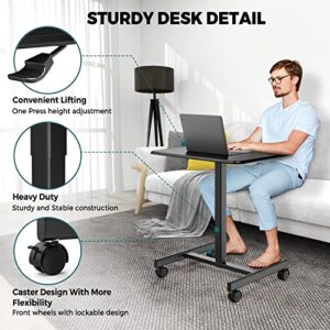 SMUG Mobile Rolling Laptop Cart Pneumatic Adjustable Height from 28" to 33" Sit Stand Computer Desk with Lockable Wheels for Home Office, Black, 25.7in
