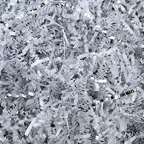 MagicWater Supply Crinkle Cut Paper Shred Filler (4 oz) for Gift Wrapping & Basket Filling - White & Silver