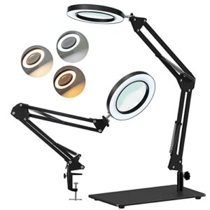 10x magnifying glass with light, kuvrs 2-in-1anti-tipping base & clamp magnifying lamp, 3 color modes stepless dimmable, adjustable swing arm lighted magnifying glass for hobby, soldering, close work